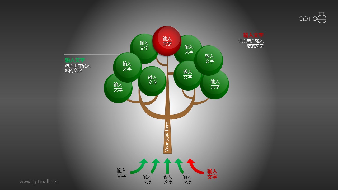 红绿对比鲜明的树形图PPT模板