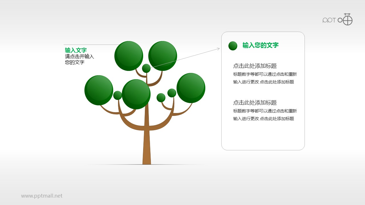 绿色小圆大小不一的树形图PPT模板