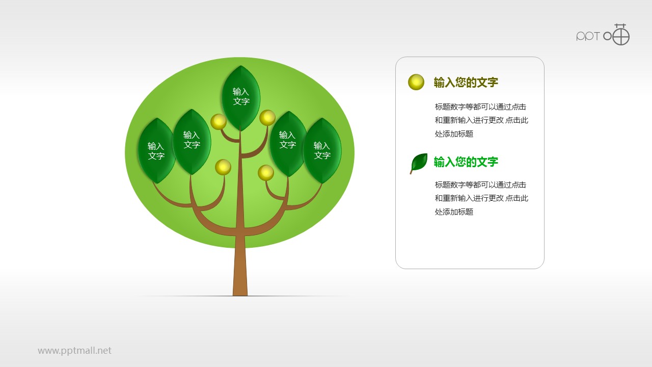 绿叶与黄圆共存的树形图PPT模板