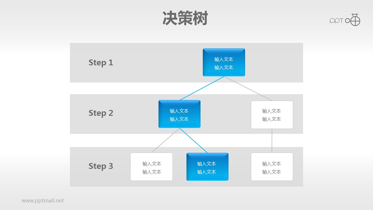 蓝色清新不对称决策树（1：2：3）PPT模板下载