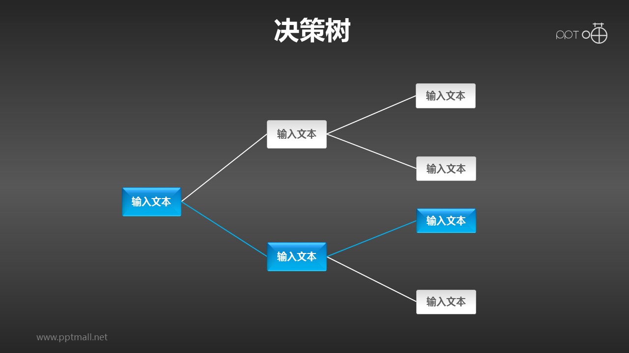 蓝色横向四部分决策树（1：2：4）PPT模板下载