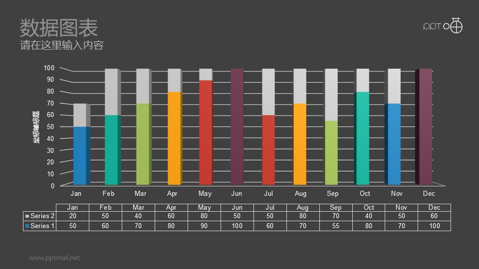 十二个彩色条形横向排列的3D数据图表PPT素材