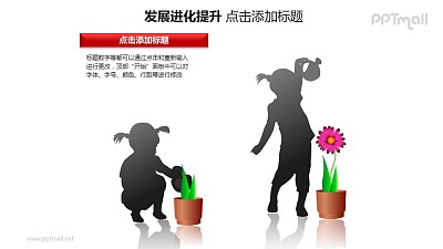 發展進化提升——兒童澆花+花開的對比圖PPT模板素材