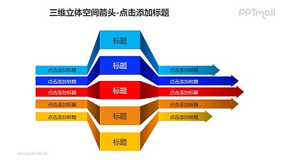 三維立體空間箭頭——5個彩色的三段折疊箭頭PPT模板素材