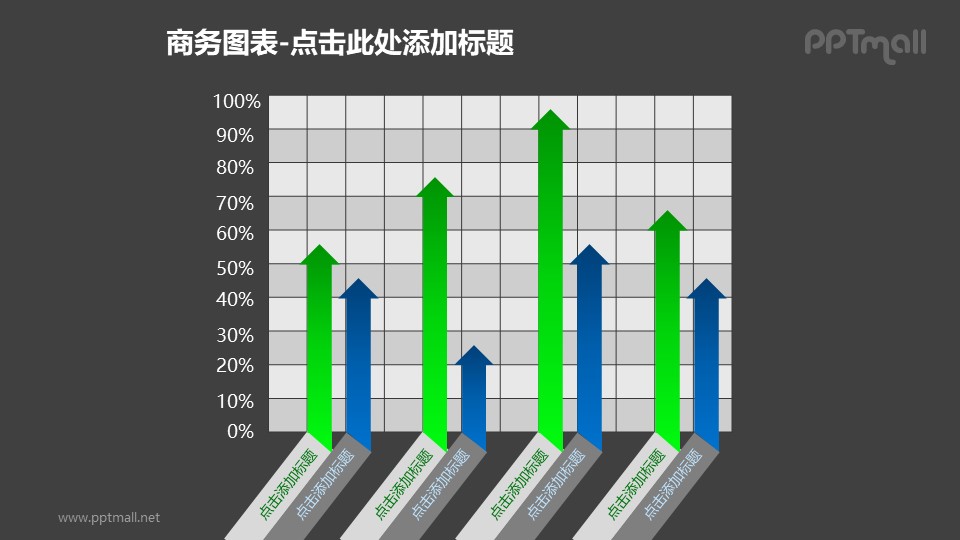 商务图表——蓝绿对比箭头样式的簇状柱形图PPT模板素材