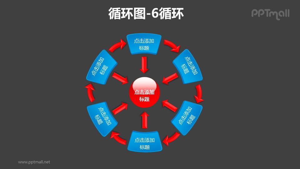 循环图——红色箭头6部分循环关系PPT素材模板