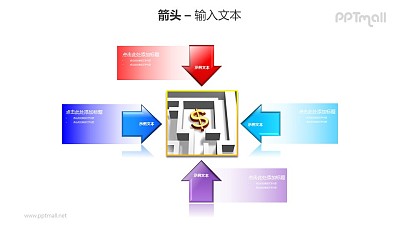 4個指向中心圖片的箭頭PPT模板素材