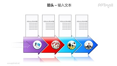 4个箭头递进关系+文本框PPT模板素材