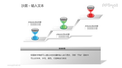 三级阶梯上的沙漏递进关系PPT模板素材
