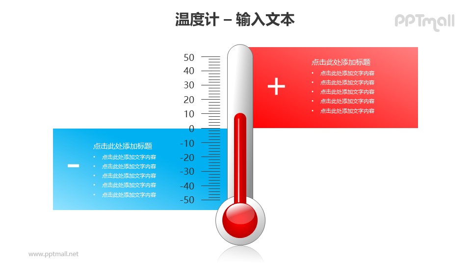 紅色溫度計+文本框對比關系PPT模板素材