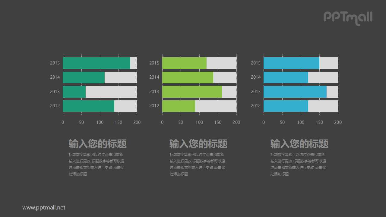 并列排布的三组柱状图PPT图表素材下载