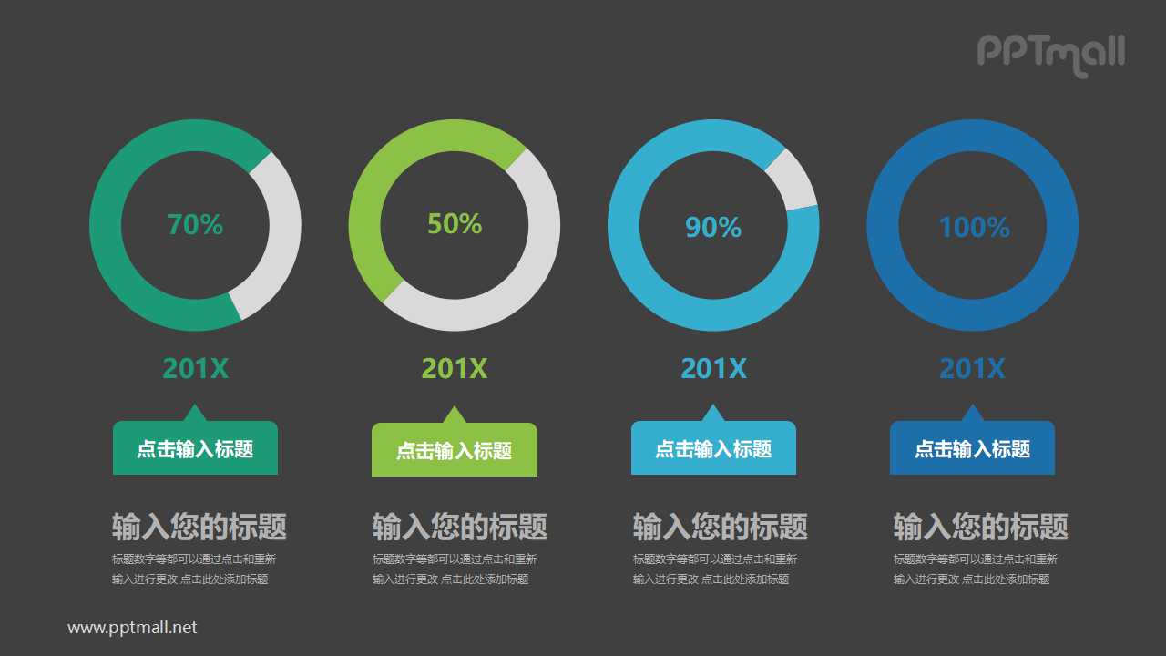 蓝绿色四个并列的百分比展示饼图PPT模板图示下载