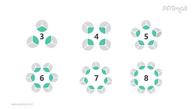 6组灰绿色饼图并列关系逻辑图