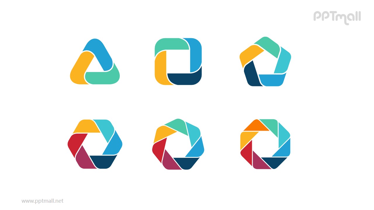 6组彩色拼图组成多边形并列关系关系逻辑图PPT模板