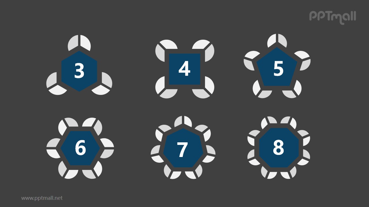 6组蓝灰色花瓣拼图并列关系逻辑图PPT模板
