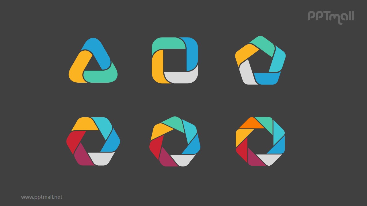 6组彩色拼图组成多边形并列关系关系逻辑图PPT模板