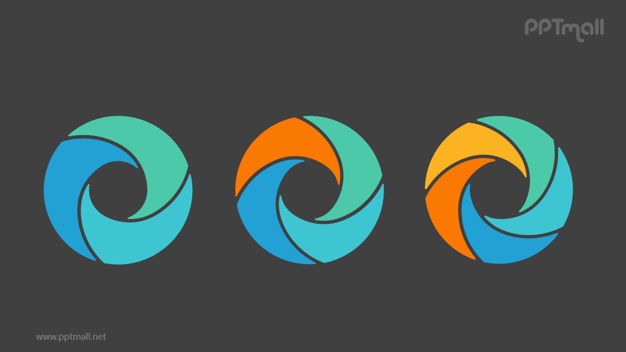 3个并列的彩色螺旋空心圆循环关系逻辑图PPT模板