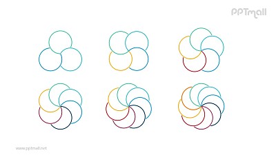 6组彩色花瓣状的圆形拼图循环关系逻辑图PPT模板