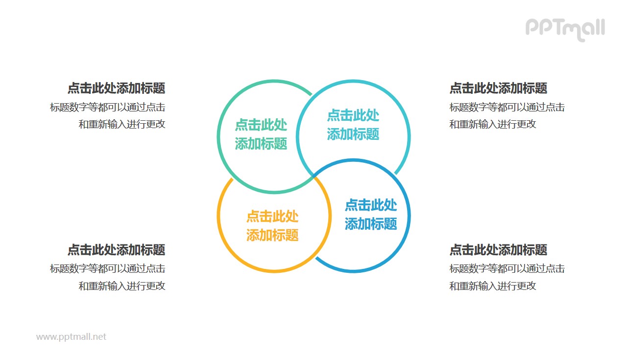 4个彩色圆形组成的花瓣图案循环关系逻辑图PPT模板