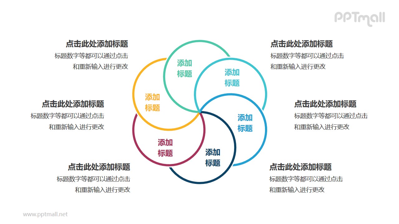 6个彩色圆形组成的花瓣图案循环关系逻辑图PPT模板