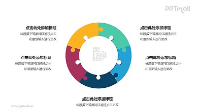 5个彩色拼图组成的同心圆循环关系逻辑图PPT模板 5个彩色拼图组成的同心圆循环关系逻辑图PPT模板