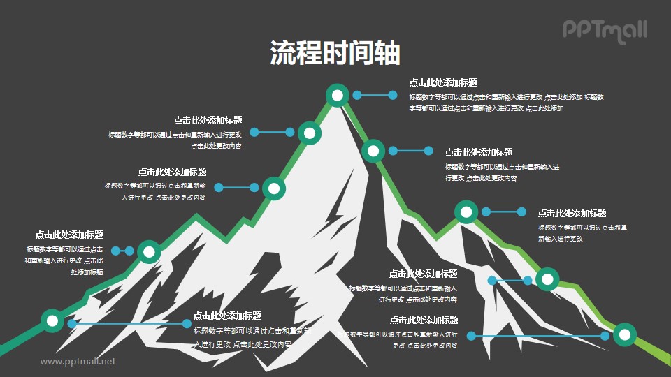 围绕雪山多节点向前延伸象征企业发展的PPT时间轴图示素材下载