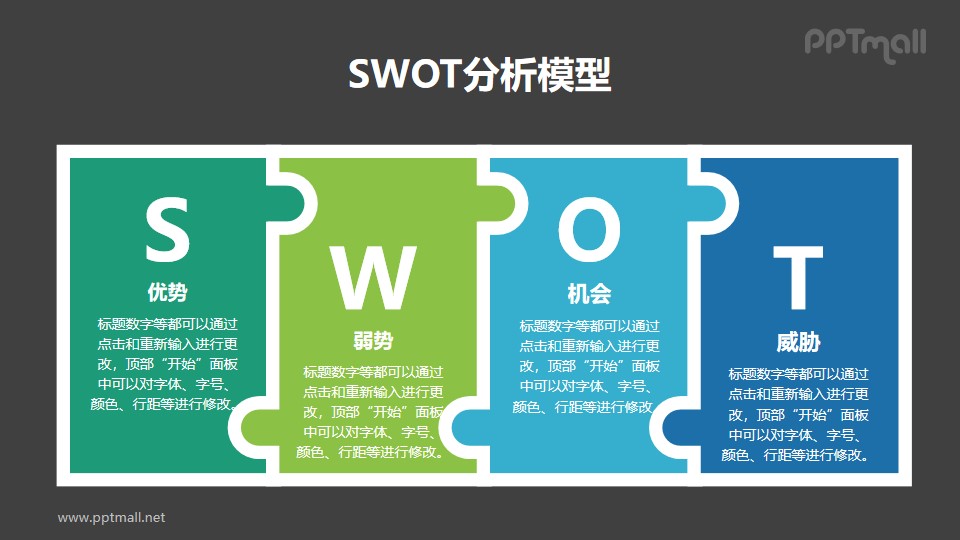 蓝绿拼图SWOT分析模型PPT素材下载