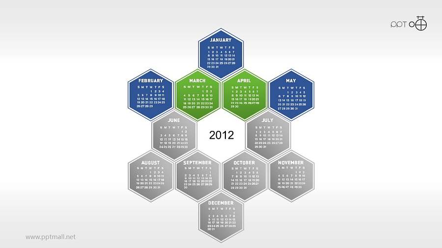 一年12个月年历的蜂窝图PPT素材