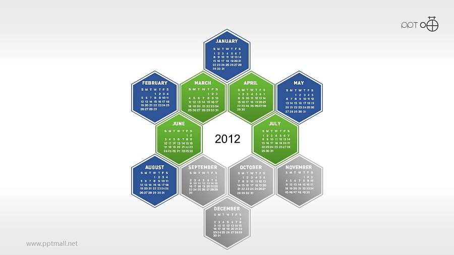 一年12个月年历的蜂窝图PPT素材