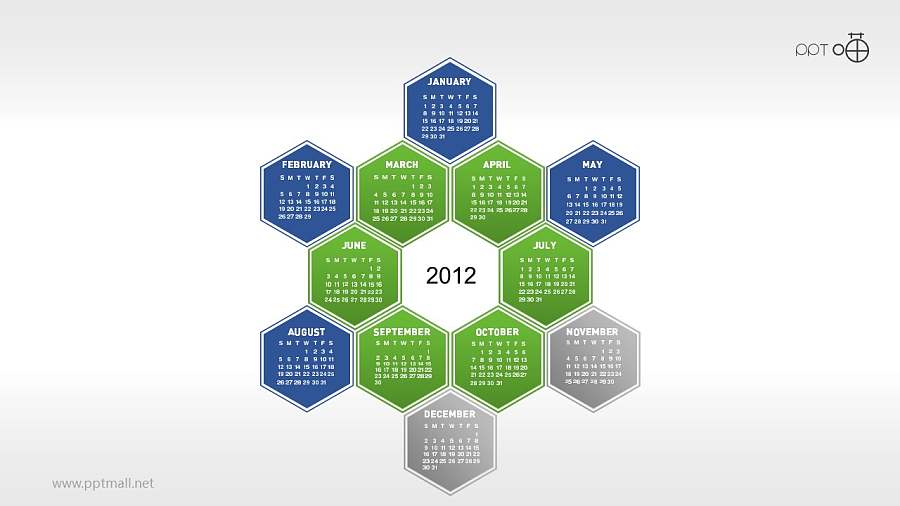 一年12个月年历的蜂窝图PPT素材