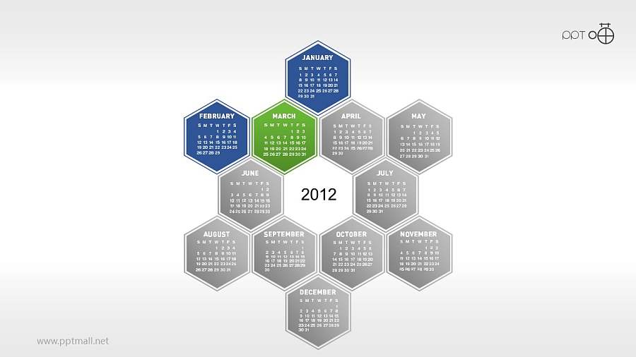 一年12个月年历的蜂窝图PPT素材