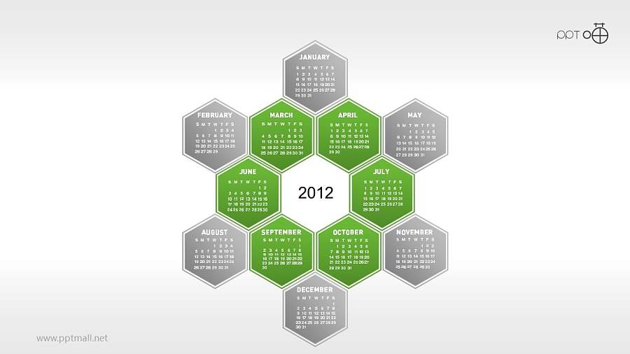 一年12个月年历的蜂窝图PPT素材