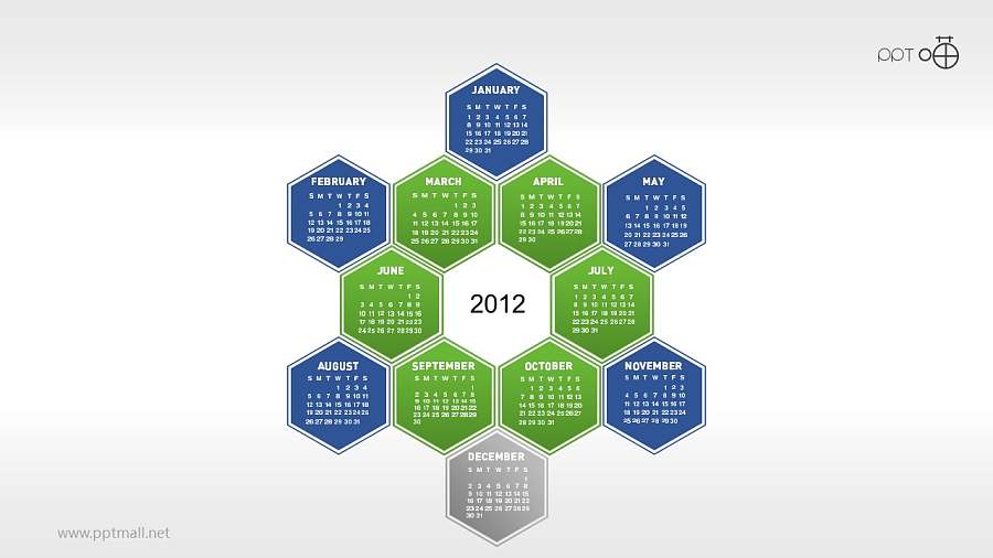 一年12个月年历的蜂窝图PPT素材