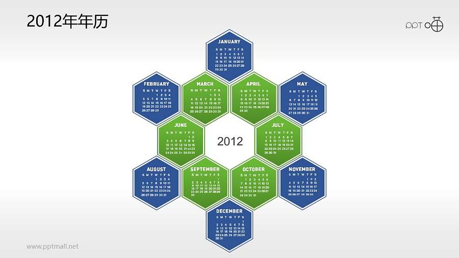 一年12个月年历的蜂窝图PPT素材
