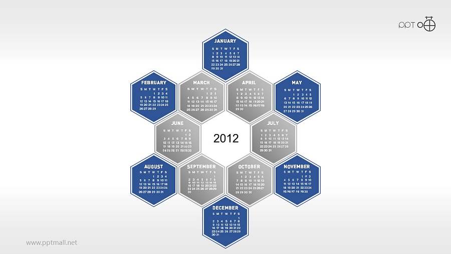 一年12个月年历的蜂窝图PPT素材