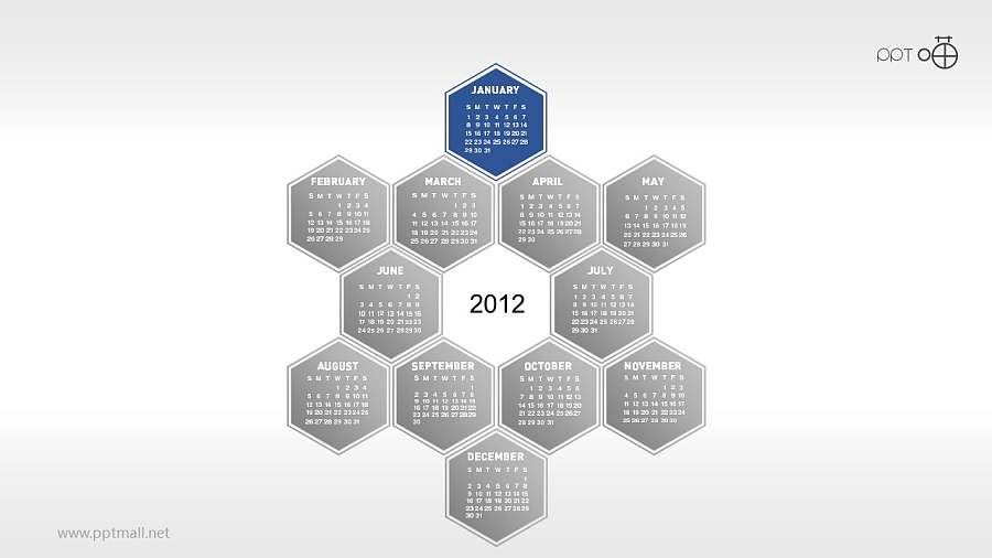 一年12个月年历的蜂窝图PPT素材