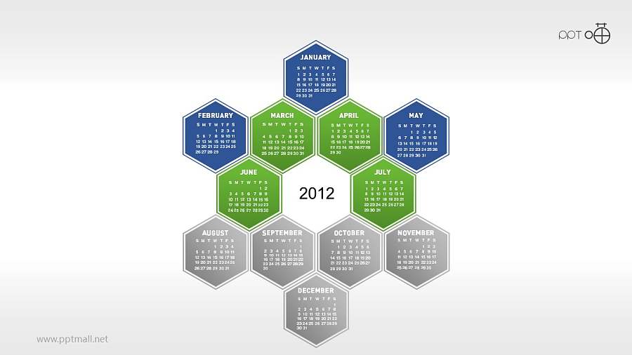 一年12个月年历的蜂窝图PPT素材