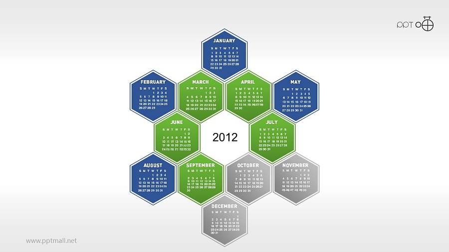 一年12个月年历的蜂窝图PPT素材