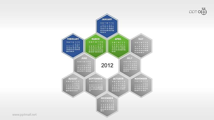 一年12个月年历的蜂窝图PPT素材