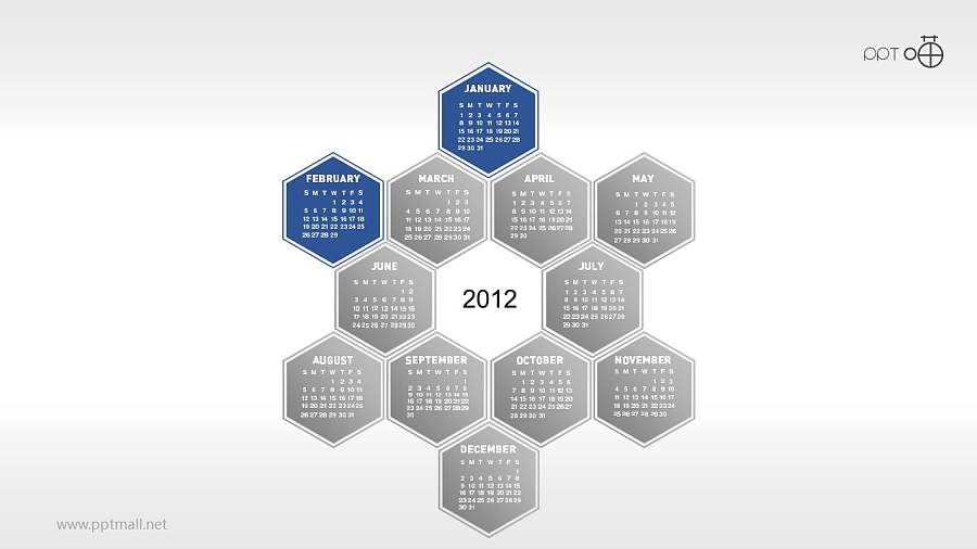 一年12个月年历的蜂窝图PPT素材