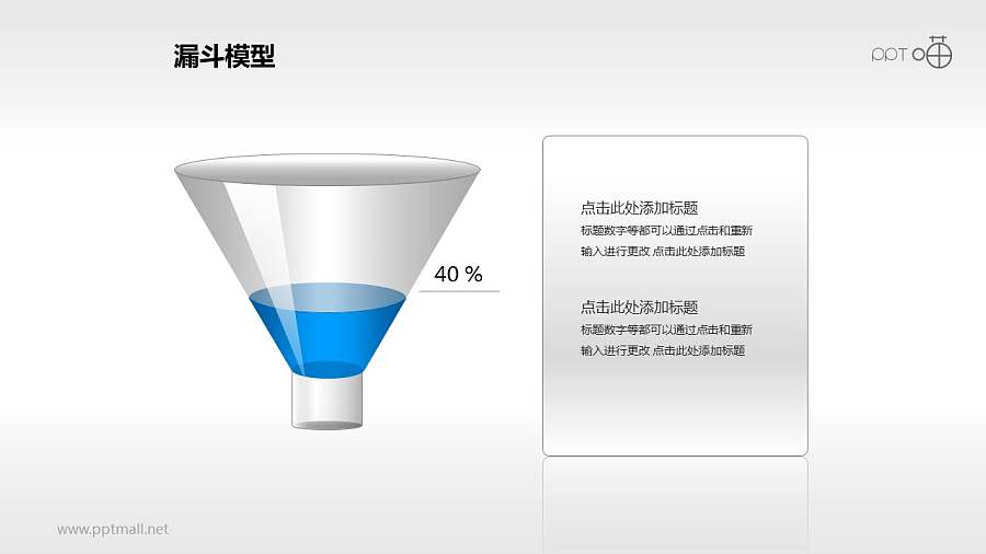有40%高的蓝色液体的漏斗PPT介绍模板
