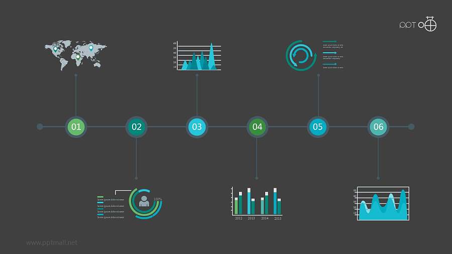 多图表蓝色时间轴PPT模板下载