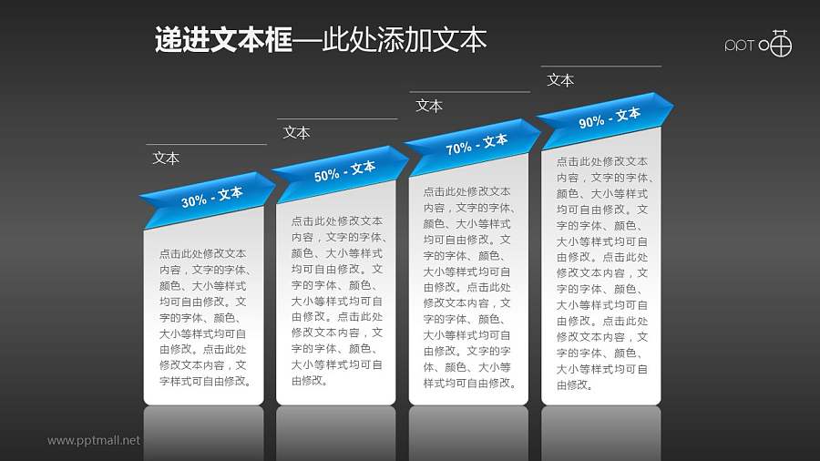 反映增长趋势的4部分文本框PPT素材