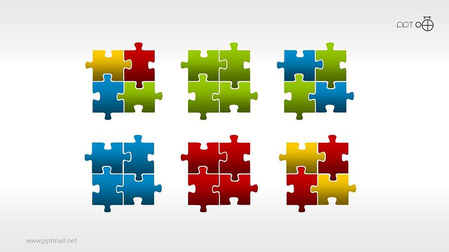 一组6枚彩色质感拼图PPT素材