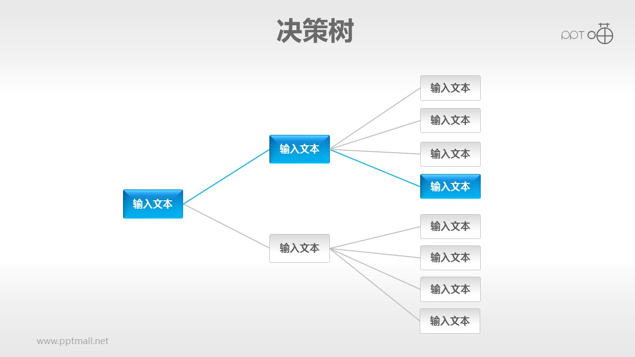 蓝色清新横向决策树（1：2：8）PPT模板下载