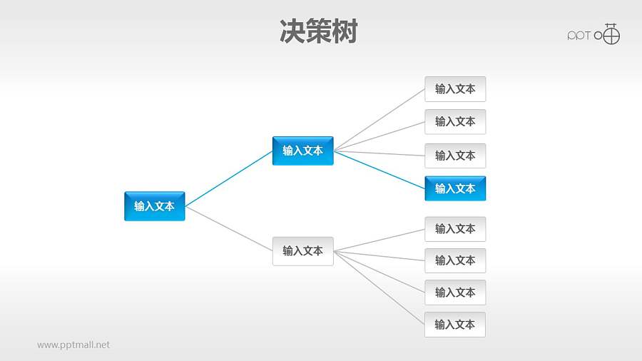 蓝色清新横向决策树（1：2：8）PPT模板下载
