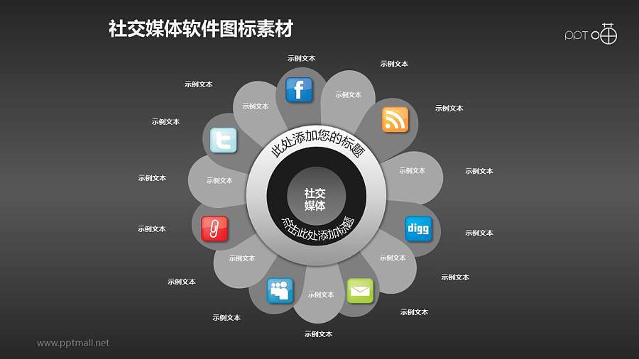 花瓣形排列的光泽质感社交媒体图标