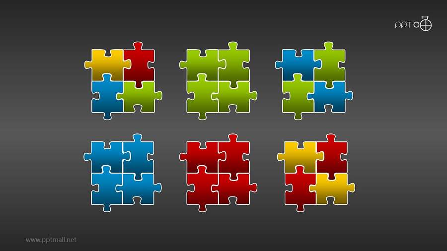 一组6枚彩色质感拼图PPT素材