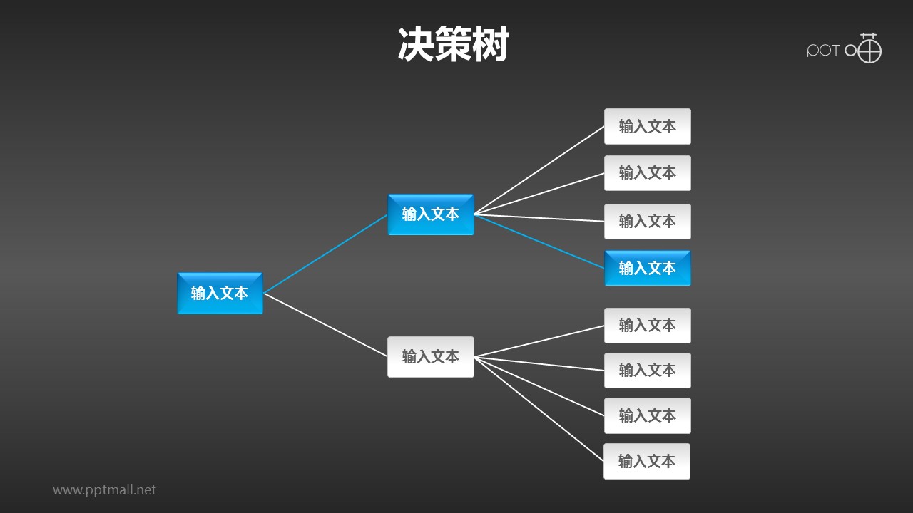 藍色清新橫向決策樹（1：2：8）PPT模板下載