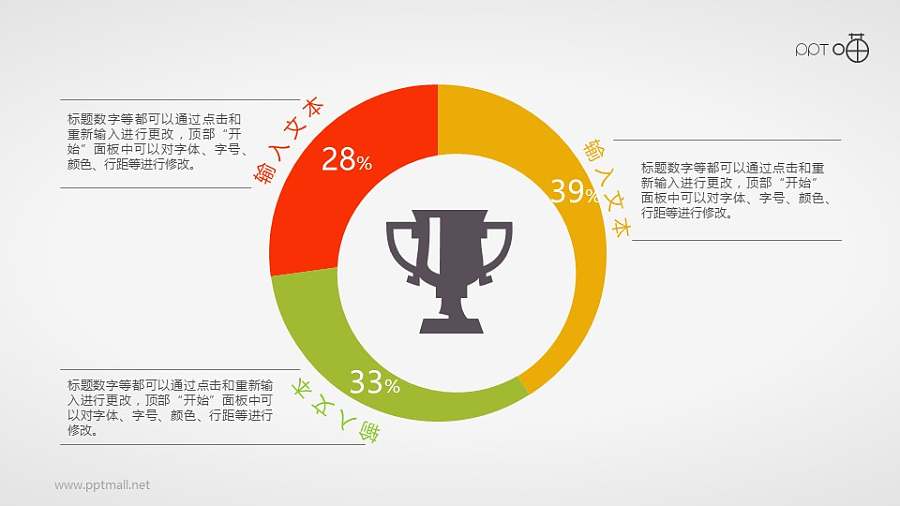 奖杯点缀的3部分偏心圆环图ppt素材